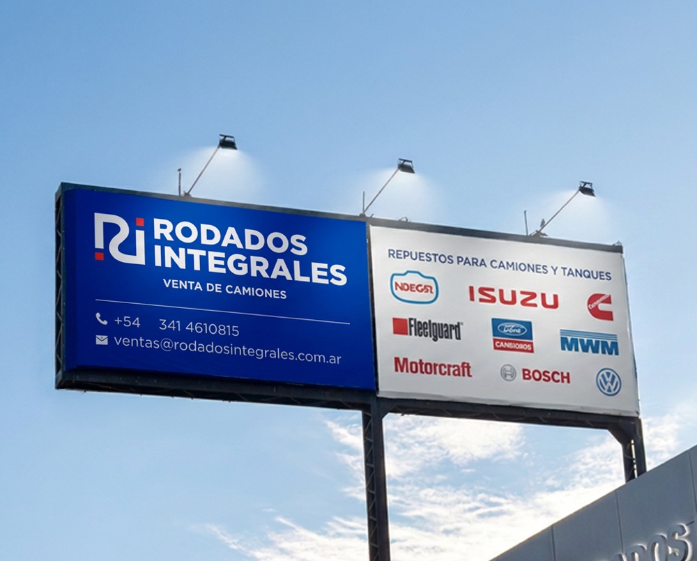 Cartel de Rodados Integrales con las marcas de repuestos que comercializa